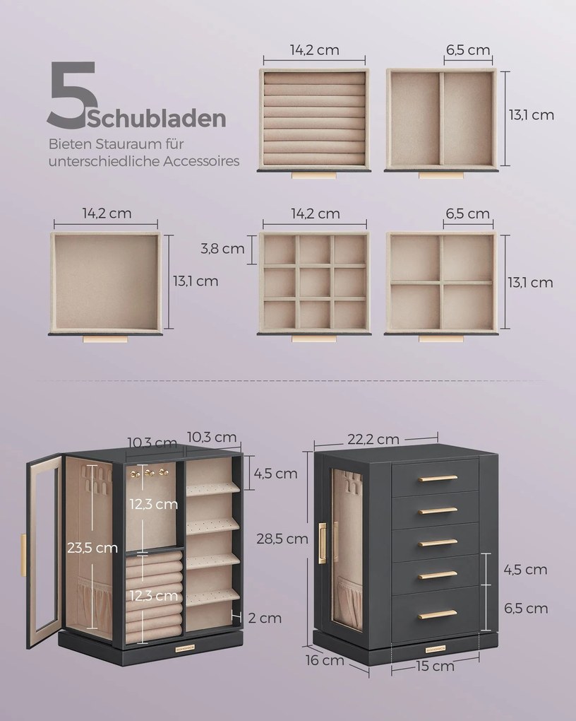Caixa para joias giratória a 360°, 16 x 22,2 x 28,5 cm espaçosa, ideal para presente, cinzento ardósia