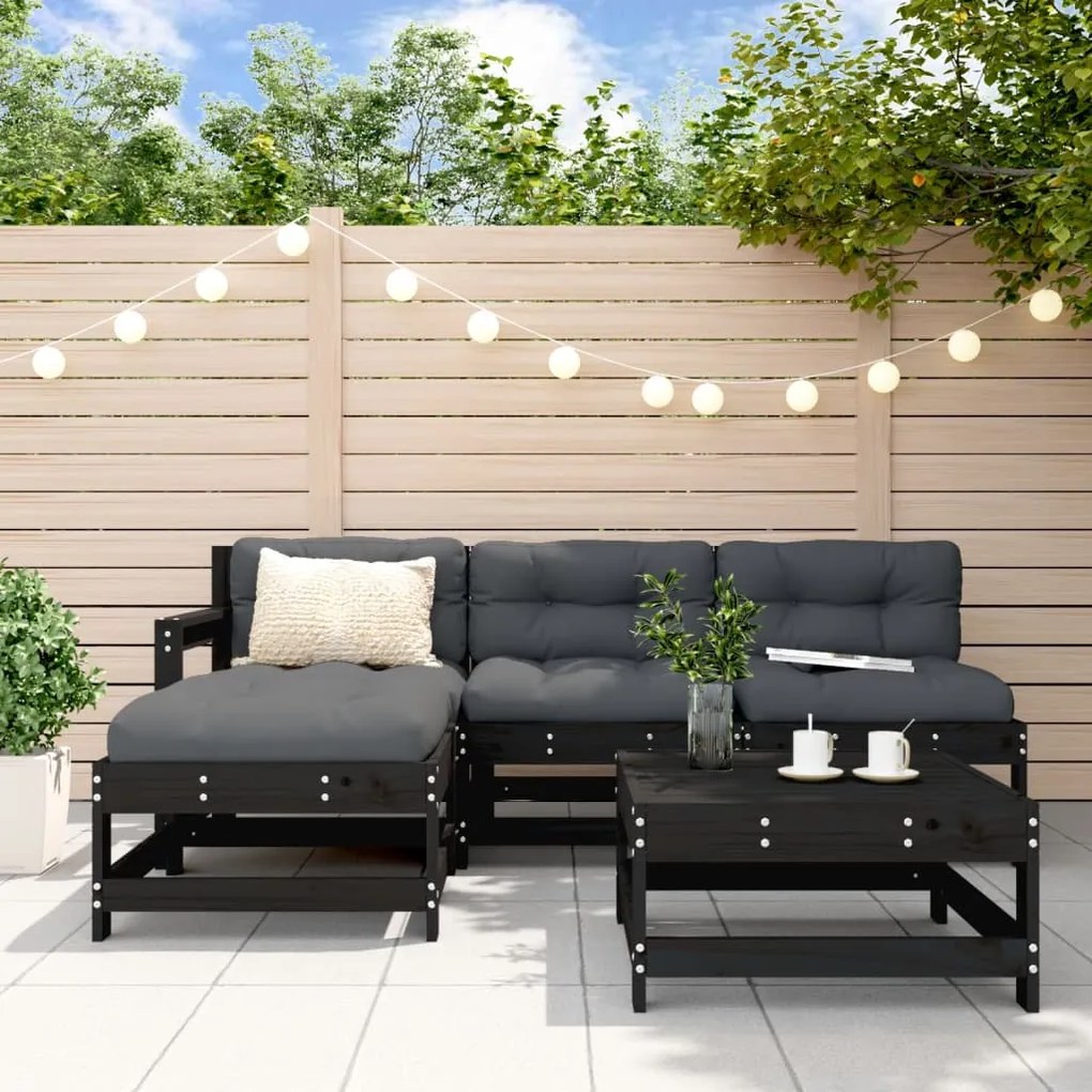 vidaXL 5pcs conjunto lounge jardim com almofadões madeira maciça preto