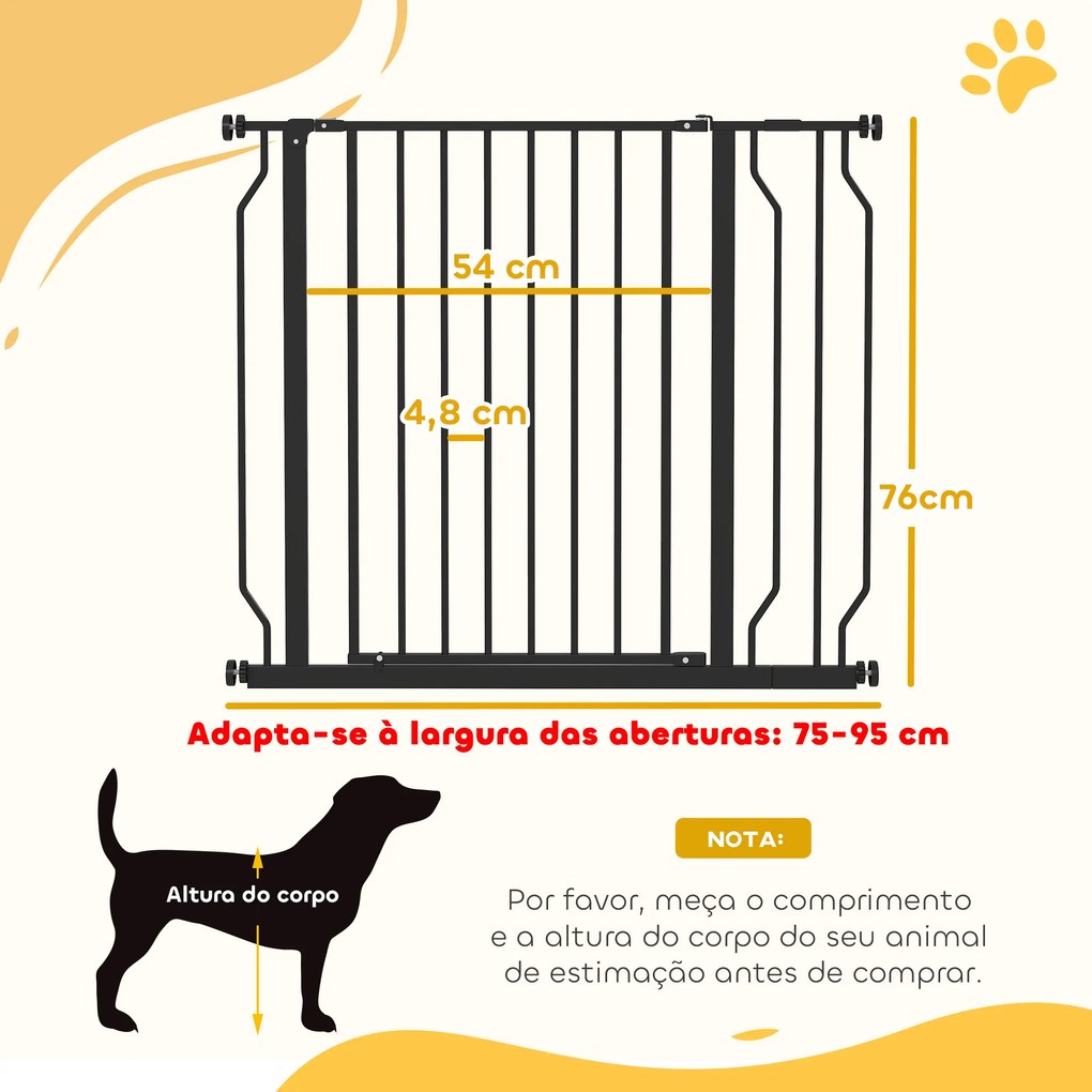 Barreira de Segurança para Cães Extensível para Escadas e Portas 75-95 cm com 1 Extensão e 10 cm Altura 76 cm Preto