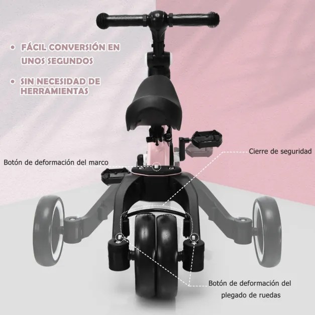 Bicicleta infantil 3 em 1 para 1-3 anos com assento ajustável e guiador Triciclo infantil de 3 rodas para andar 62 x 46 x 48 cm Rosa