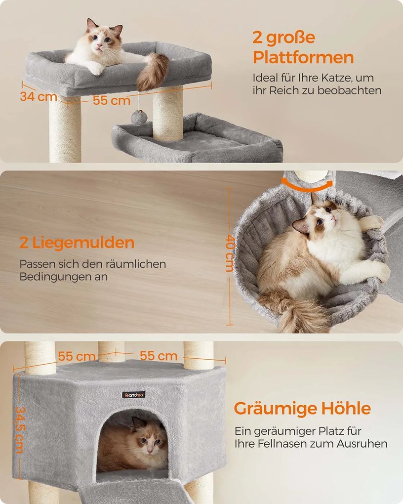 Arranhador para gatos com vários andares 55 x 55 x 186,7 cm Cinzento + Creme