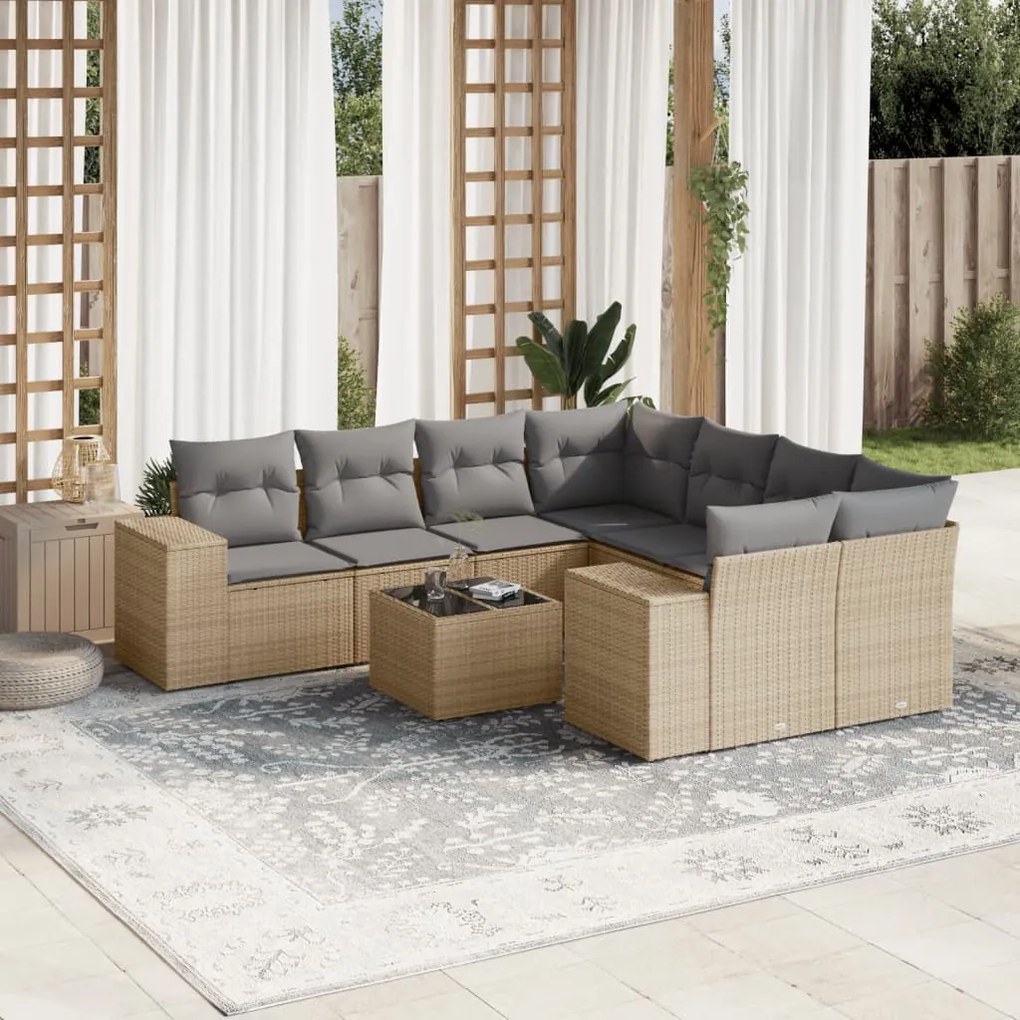9 pcs conjunto de sofás p/ jardim com almofadões vime PE bege