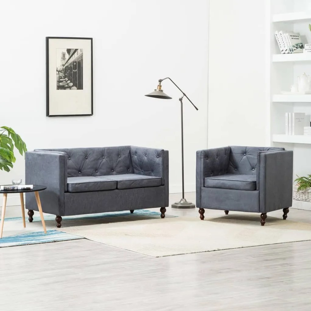275628 vidaXL Conjunto sofás chesterfield 2 pcs estofos em tecido cinzento