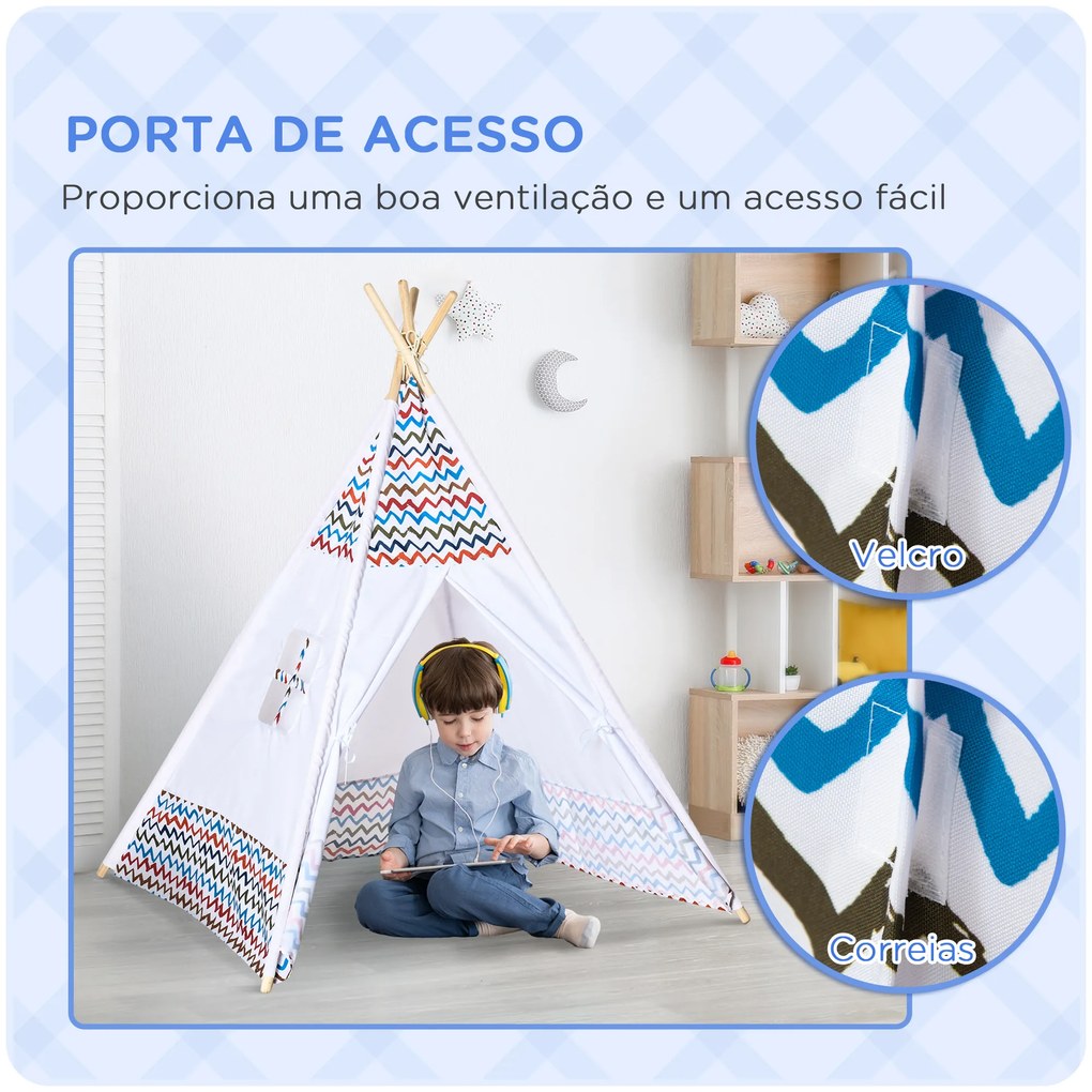 HOMCOM Tenda Tipi para Crianças acima de 3 Anos Tenda Tipi Infantil de Madeira Portátil com Janela para Interiores e Exteriores 120x120x155cm Branco