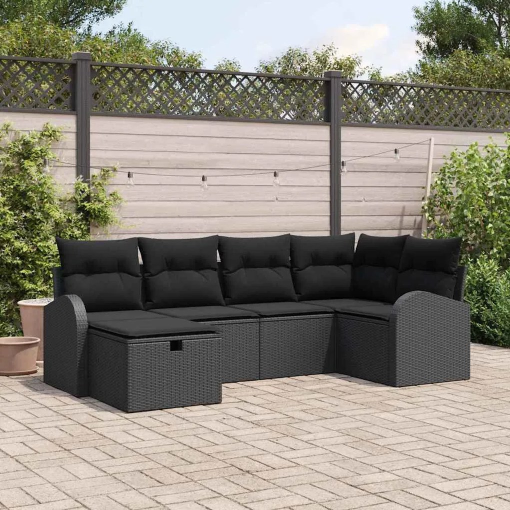 Conjunto de Sofá de Jardim de 6 Peças com Almofadas Preto Poliratã