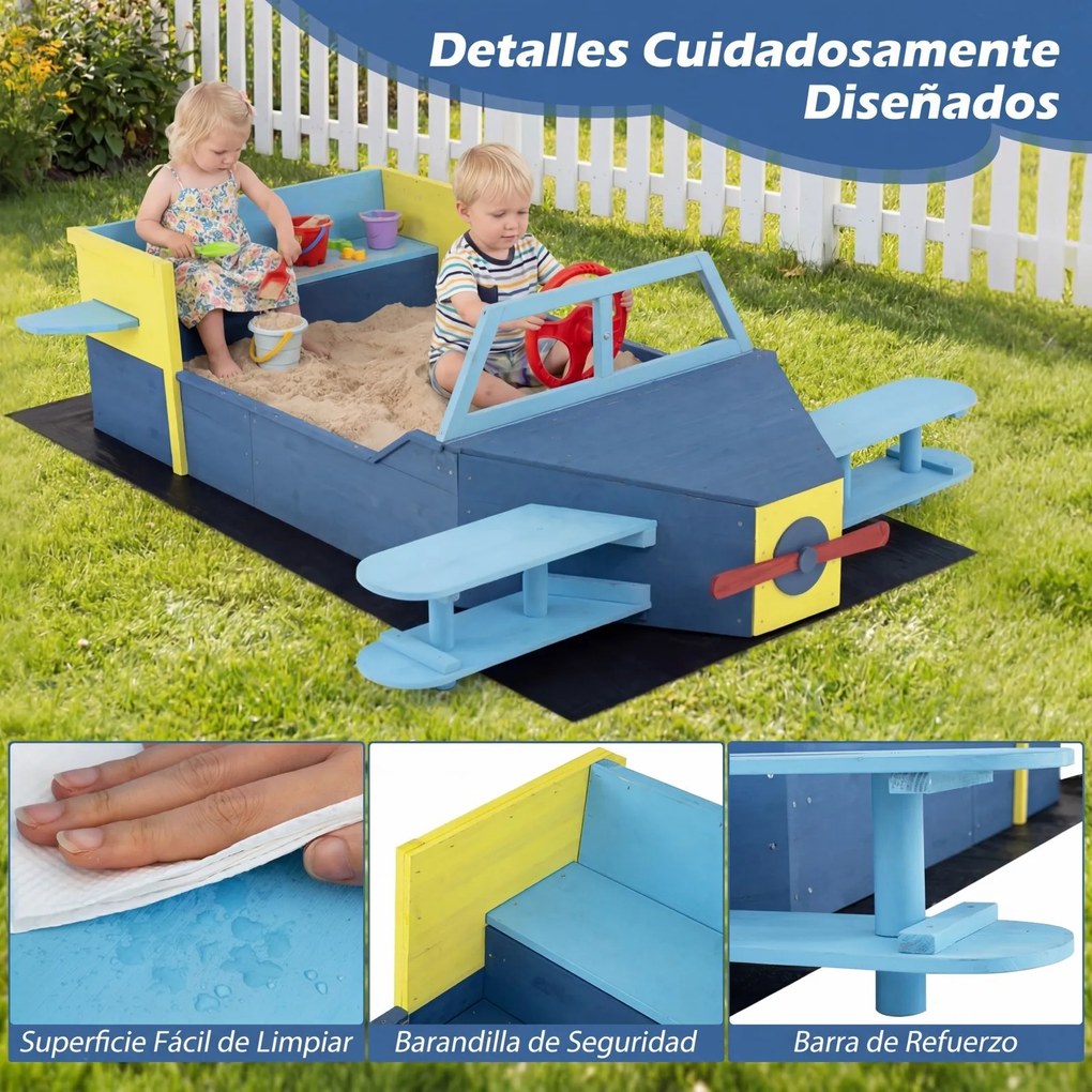 Caixa de areia infantil em madeira de abeto 166,5 x 140,5 x 50 cm, em forma de planador, com banco, assento, base aberta e forro inferior, para crianç