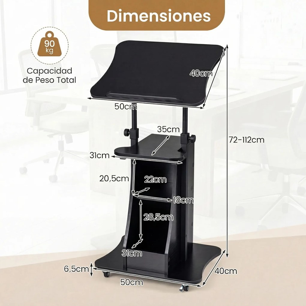 Mesa de Orador Móvel, 50 x 40 x 72-112 cm, Altura Ajustável, Preto
