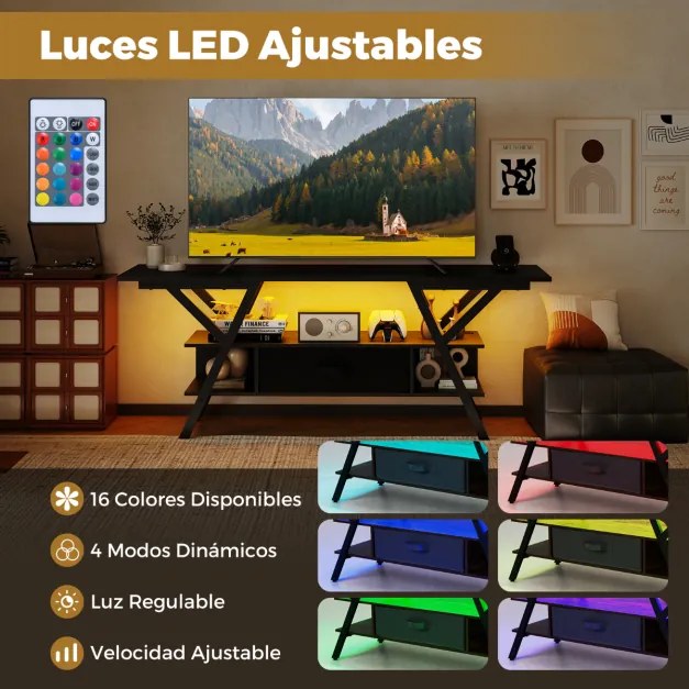 Móvel de TV de 140 cm armário de televisão de 55-65 polegadas 3 níveis com luzes LED coloridas ajustáveis Preto
