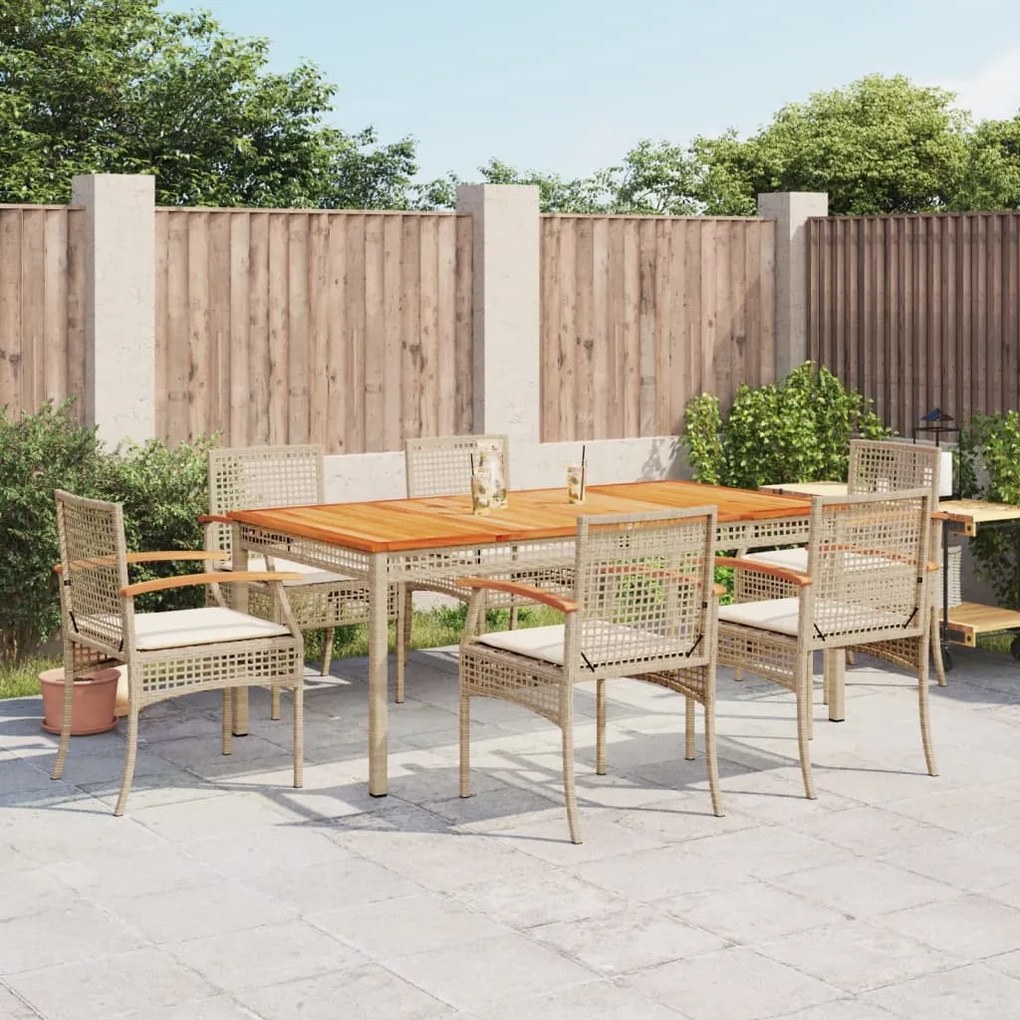 vidaXL 7 pcs conjunto de jantar p/ jardim com almofadões vime PE bege