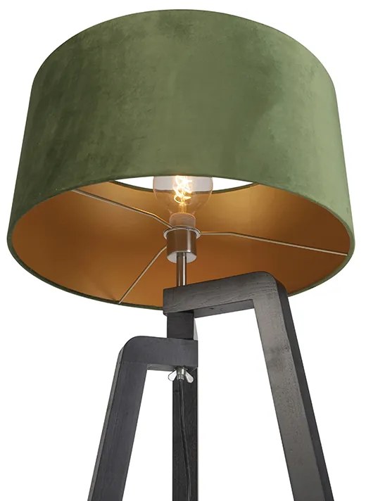 Candeeiro de pé tripé preto com cúpula verde e dourado 50 cm - Puros Country / Rústico