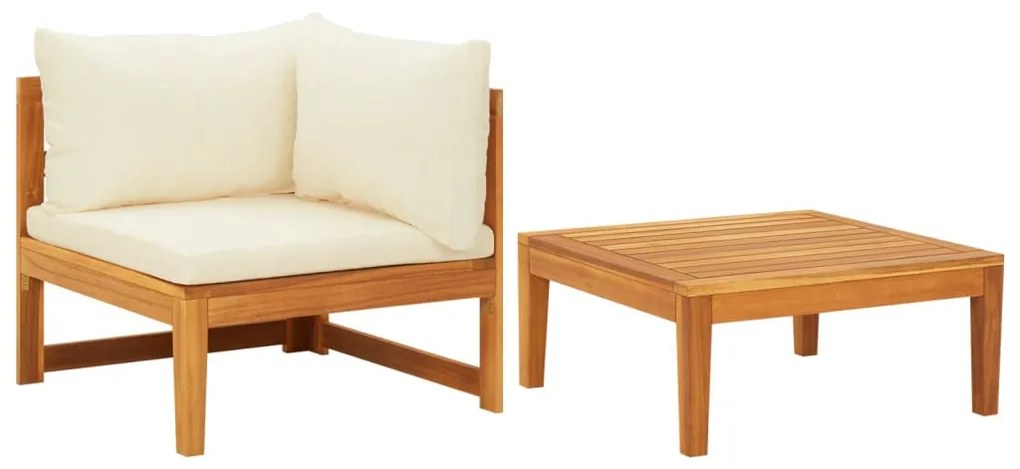 2 pcs conj. lounge de jardim c/ almofadões branco nata acácia