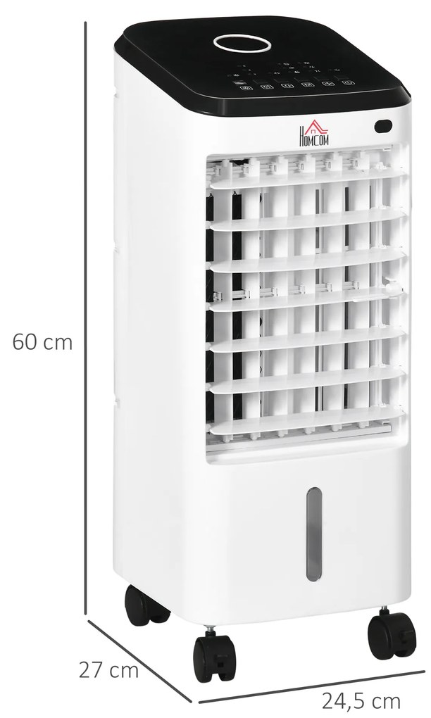 HOMCOM Climatizador Refrigerador de Ar Portátil 3,5 L 3 em 1 Climatizador Humidificador Ventoinha 65W Ecrã LED Controlo Remoto Temporizador Oscilação 3 Velocidades 3 Modos 24,5x27x60 cm Branco