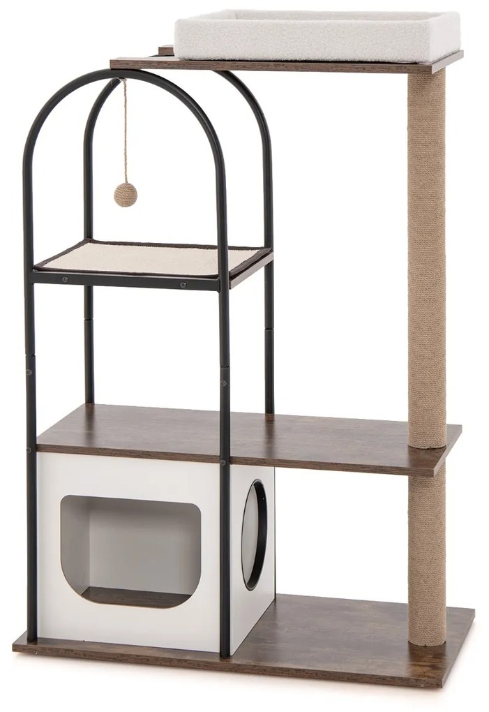 Arranhador para gatos de 118 cm com estrutura metálica Posto de arranhar de juta Tábua de sisal Bola de sisal Centro de actividades suspenso para gato