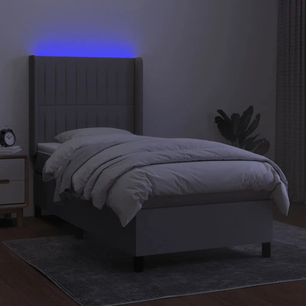 Cama box spring c/ colchão e LED 90x200 cm tecido cinza-claro