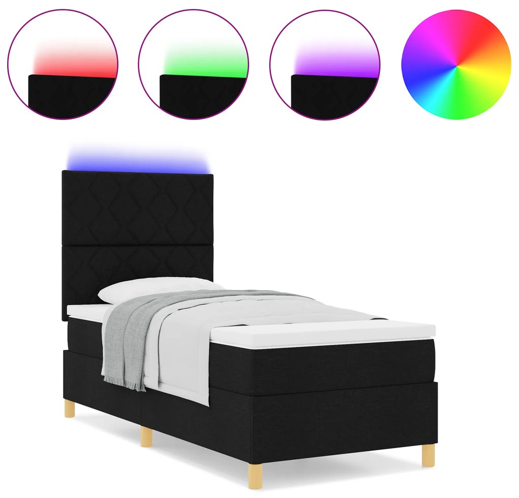 Cama Box Spring com Colchão & LED Preto 90x200 cm Tecido