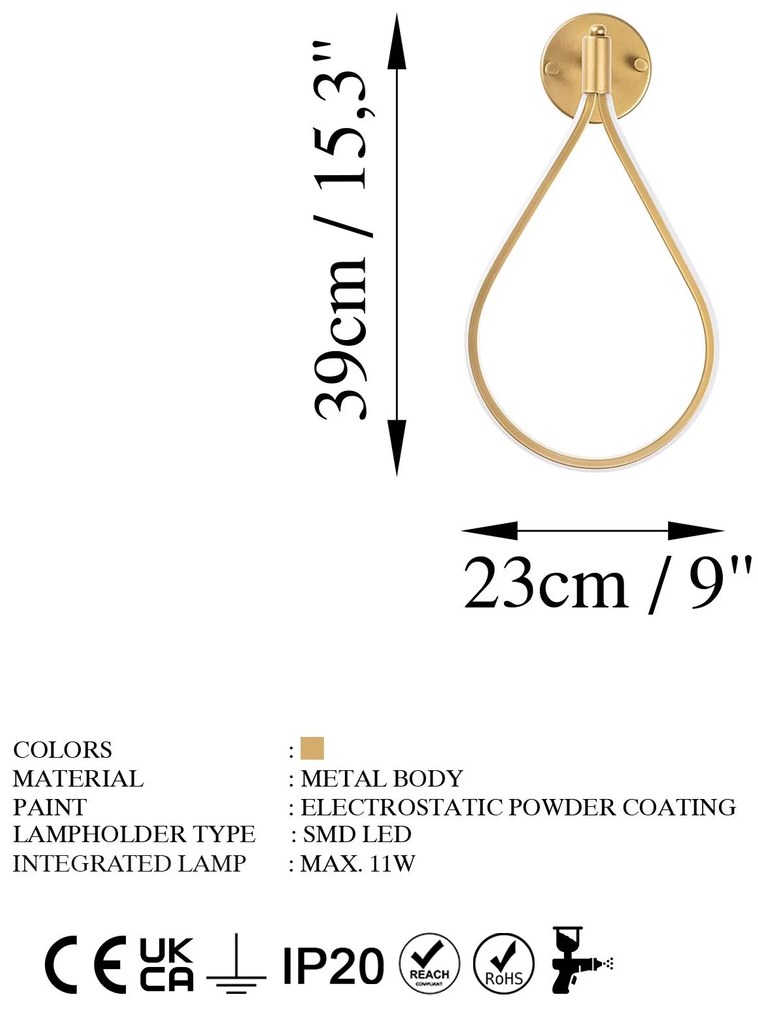 Candeeiro de Parede Damla – Dourado – 23 cm Largura x 39 cm Altura x 1