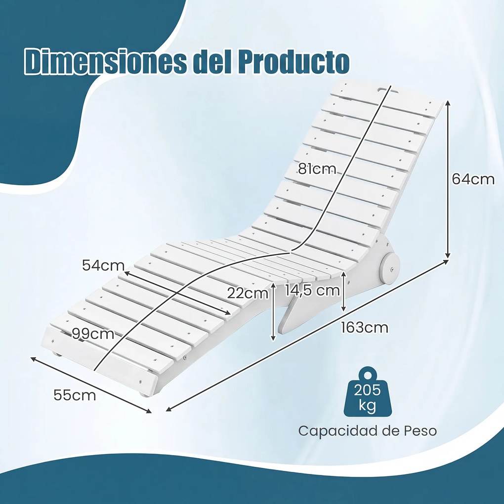 Espreguiçadeira de Piscina em Forma de S, 163 x 55 x 64 cm, Rodas Integradas, Branco