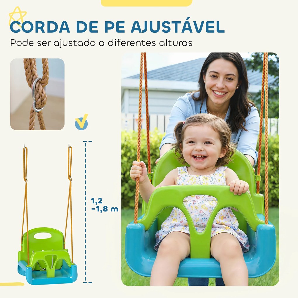 Baloiço Infantil 3 em 1 com Cordas Ajustáveis Encosto Rem ovível Barra em T e Cinto de Segurança Verde Escuro