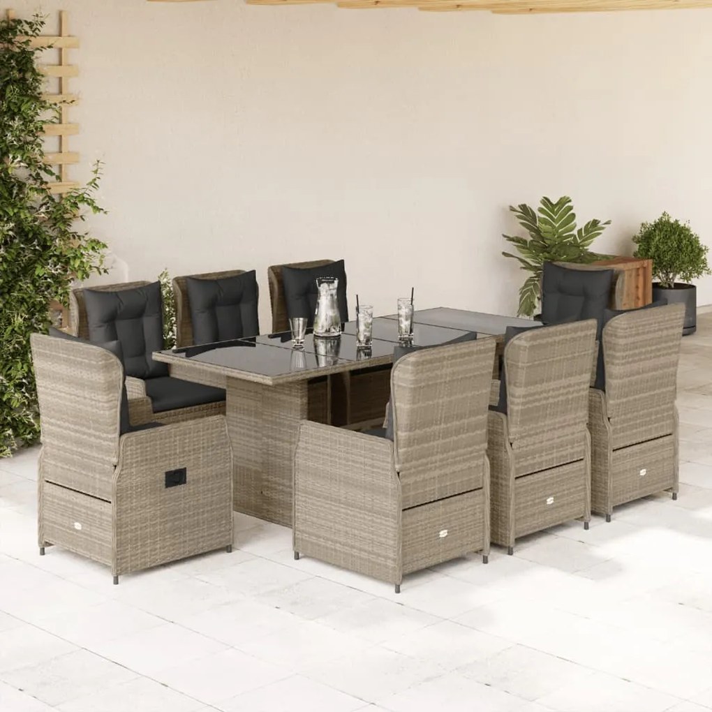 9 pcs conjunto de jantar p/ jardim c/ almofadões cinzento claro