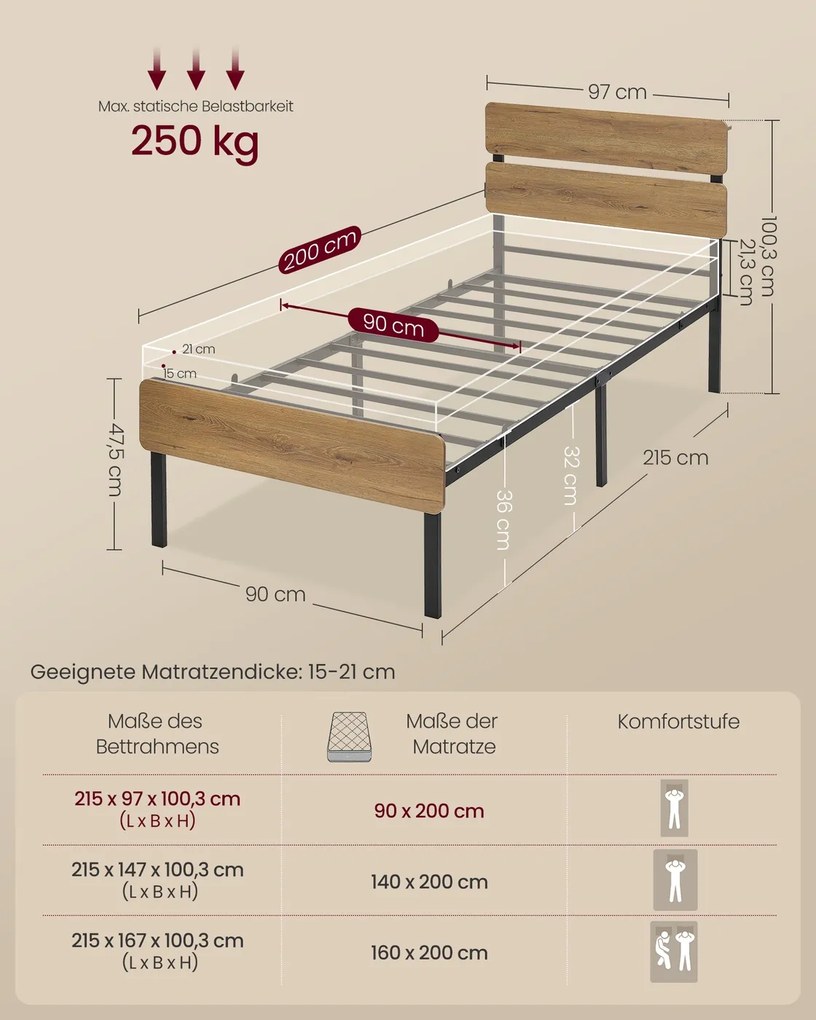 Estrutura de cama 90 x 200 cm (COLCHÃO NÃO INCLUIDO) com iluminação e estação de carregamento Castanho natural