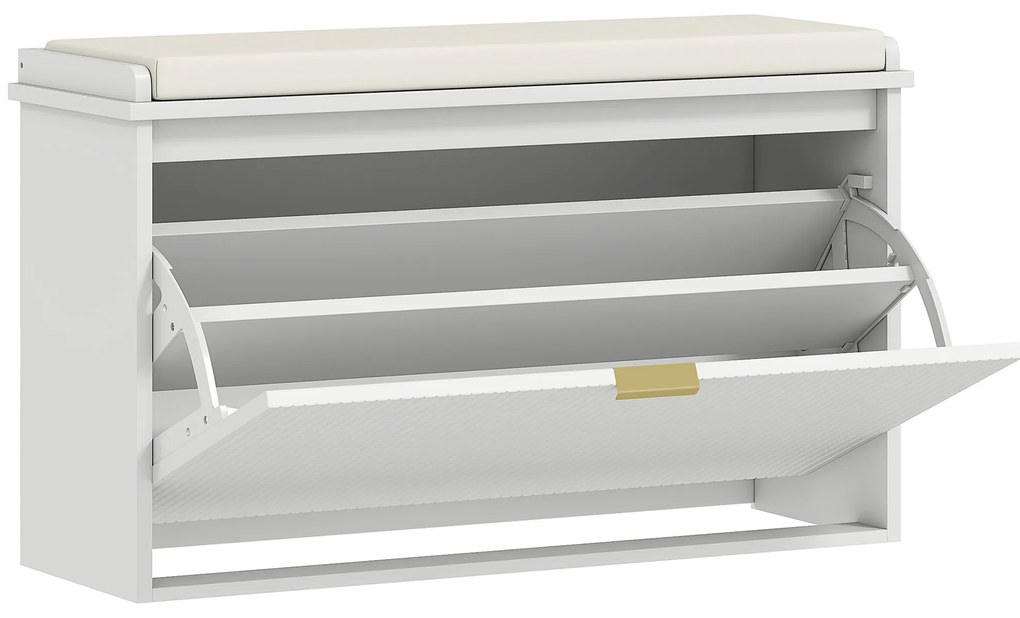 HOMCOM Banco Sapateira Móvel Sapateira Estreito com Assento Estofado Caixa Rebatível e Painel de Ripas 80x26x47,5 cm Branco | Aosom Portugal