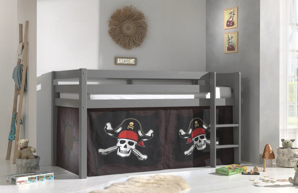 Cama alta de Criança PINO 90 x 200 cm + estrado + escada + cortina Piratas das Caraíbas Cinzenta