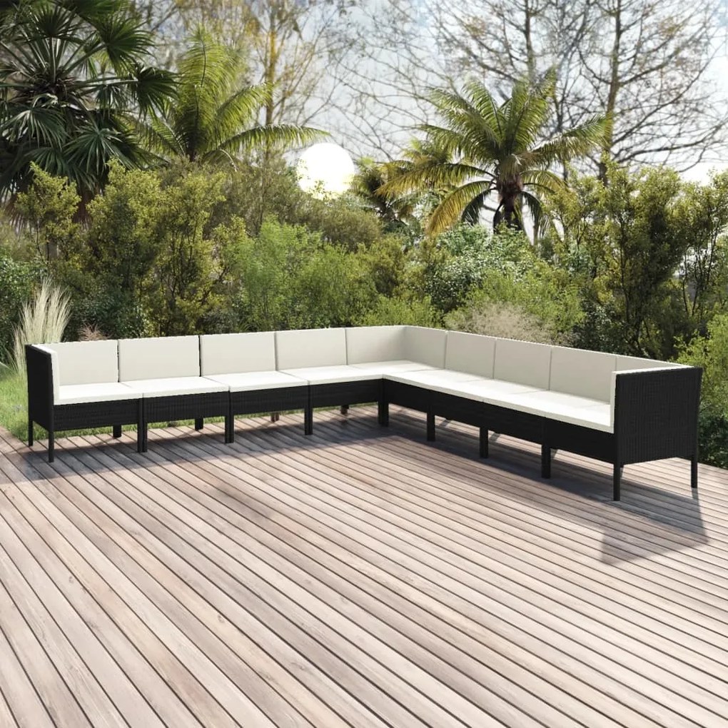vidaXL 9 pcs conjunto lounge de jardim c/ almofadões vime PE preto