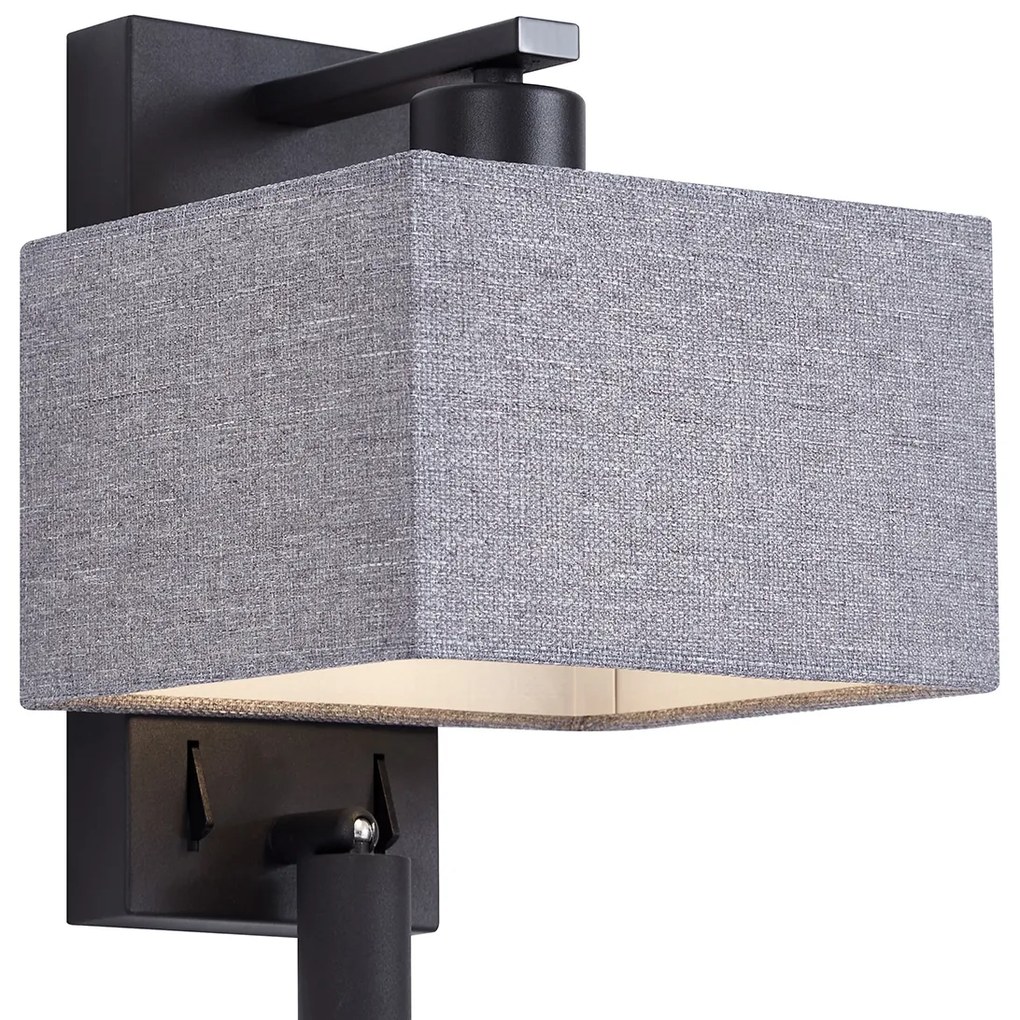 LED Candeeiro de parede moderno preto com quadrado cinzento e luz de leitura - Puglia Moderno