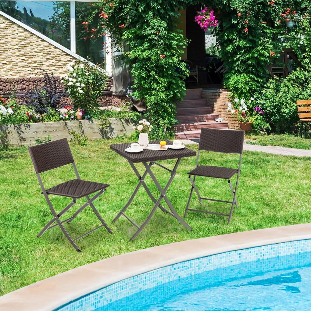 Conjunto jardim dobrável Vime com 3 peças, mesa com móvel externo e 2 cadeiras para varanda, jardim, piscina, pátio, castanho