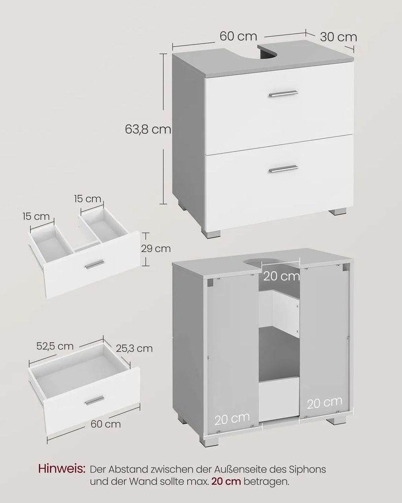 Móvel casa de banho de lavatório (NÃO INCLUIDO) 30 x 60 x 63,8 cm com 2 gavetas grandes Coleção CUSTOS Cinza e branco