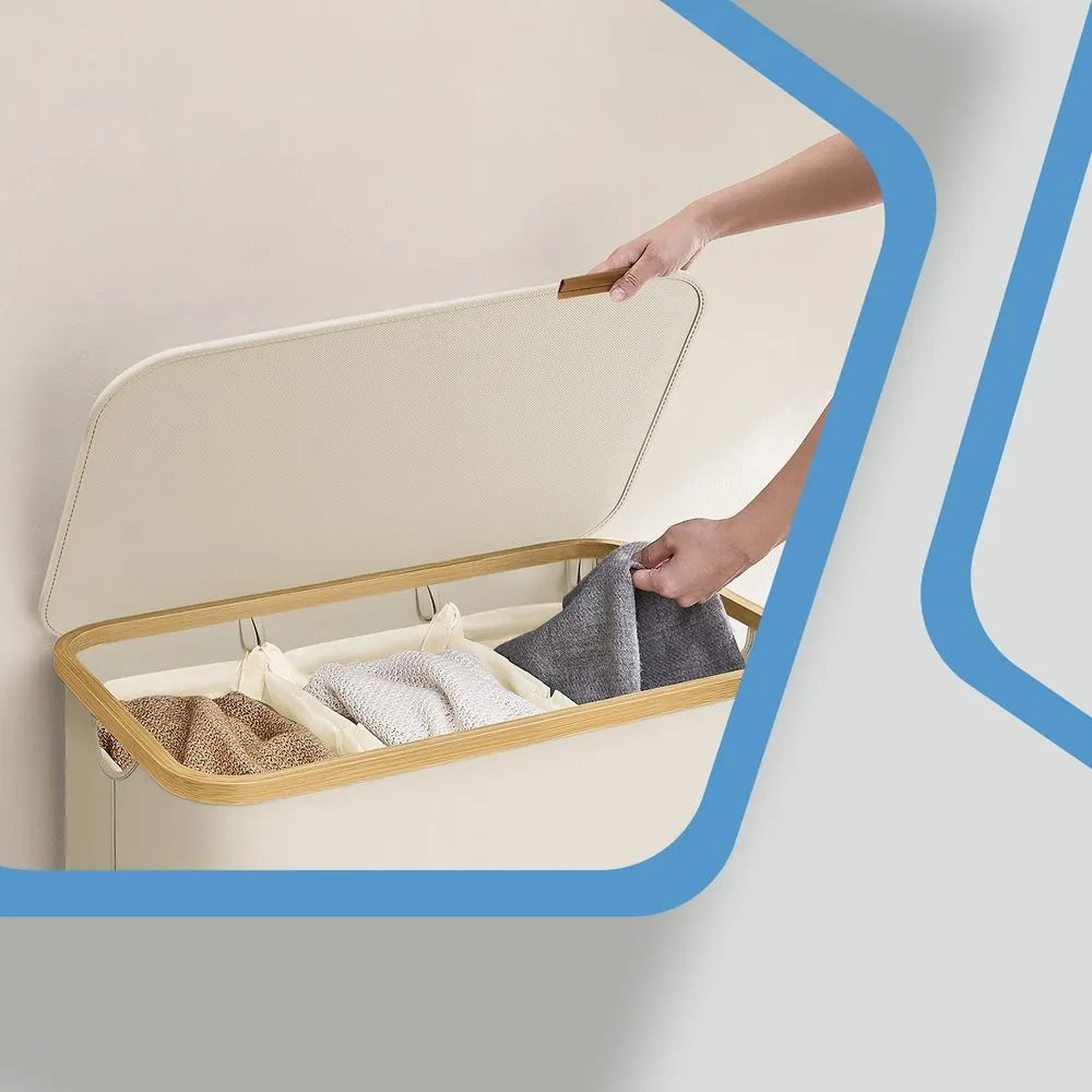Cesto de bambu para roupa suja de 150 litros com 3 compartimentos 60 x 38,5 x 70,5 cm branco