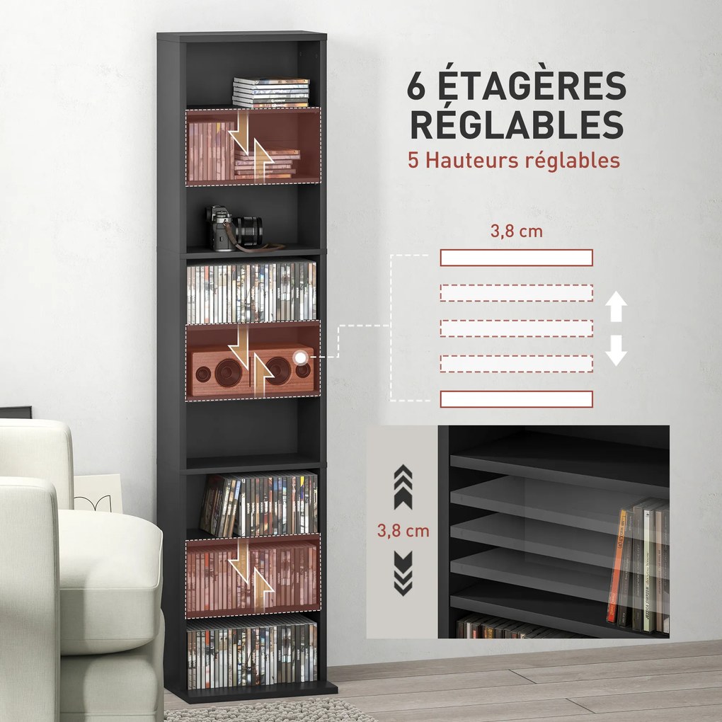 Móvel de Arrumação para CD e DVD, 33 x 24 x 140 cm, 6 Prateleiras Ajustáveis, Preto