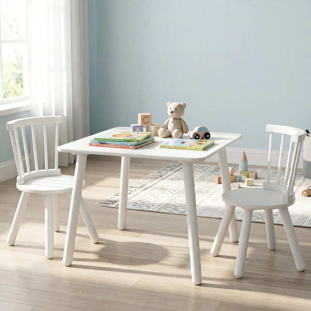 Conjunto de mesa e 2 cadeiras para crianças de madeira maciça com assentos redondos branco