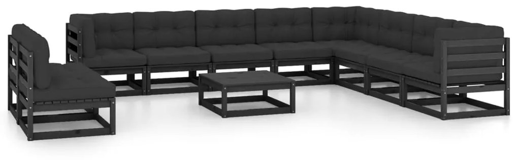 vidaXL 11 pcs conjunto longue jardim c/ almofadões pinho maciço preto
