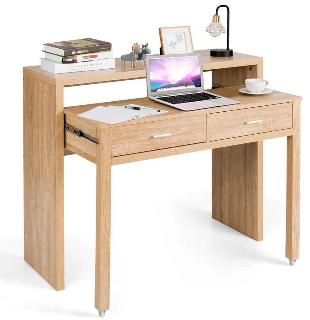 Secretária extensível com 2 gavetas Secretária de computador Mesa de consola em madeira para trabalho, estudo e escritório em casa Natural
