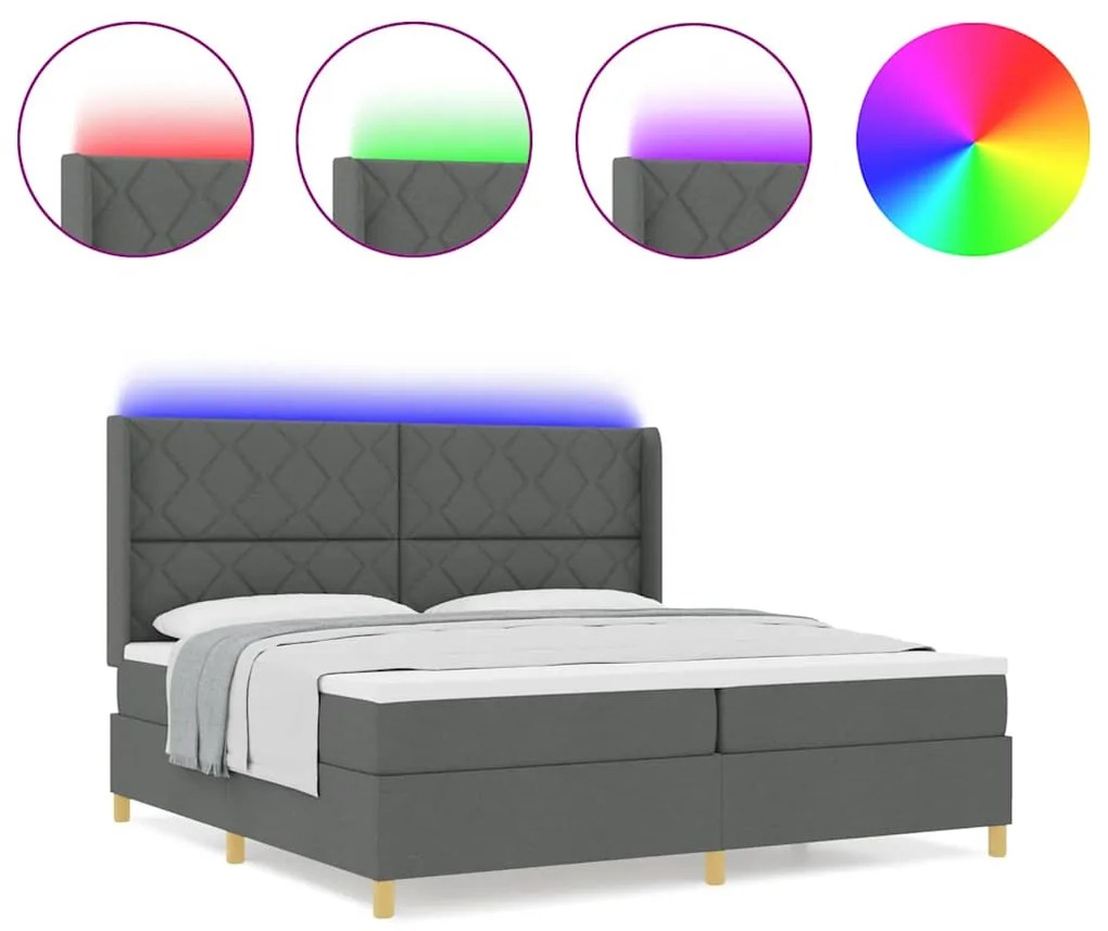 Cama Box Spring vidaXL com Colchão e LED Cinza Escuro 200x200 cm Tecid