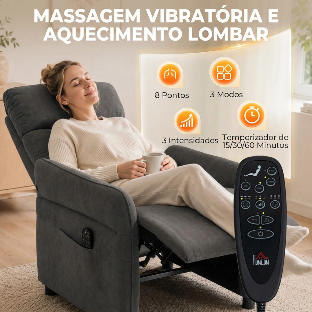 Cadeirão de Massagem com Calor, Reclinação Push-Back 135°, Apoio para os Pés, Apoios de Braços Ajustáveis e 2 Bolsos, Cinzento-Escuro