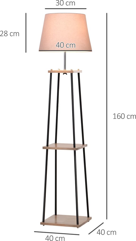 Candeeiro de pé de design contemporâneo, 40 x 40 x 160 cm, 40 W máx., 3 prateleiras integradas em madeira maciça de pinho, metal preto e linho bege e