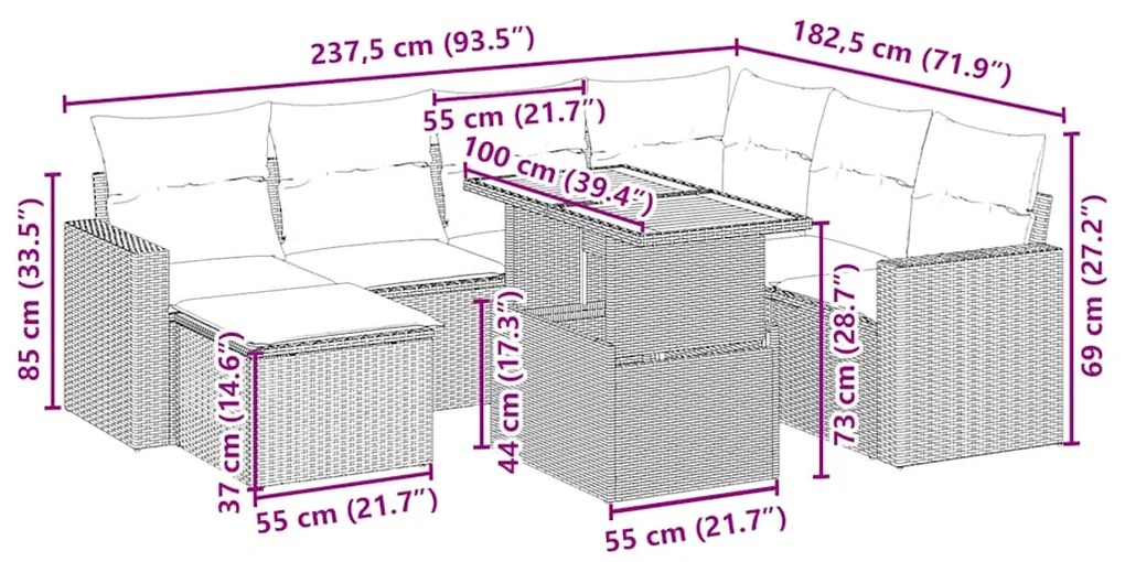 8 pcs conjunto de sofás p/ jardim com almofadões vime PE bege