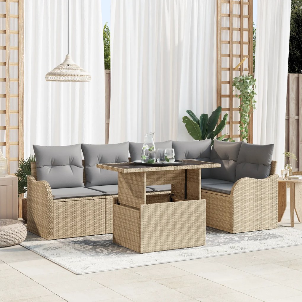 Conjunto de Sofás de Jardim de 6 Peças com Almofadas de Rattan Poliést