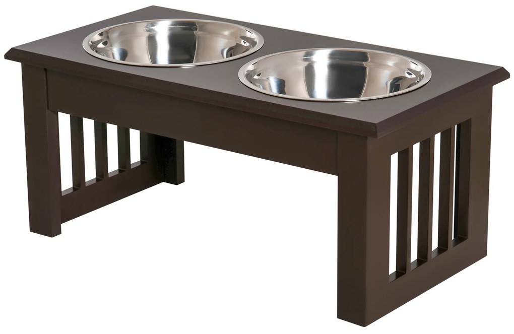 PawHut Comedouro Elevado Cães Suporte 2 Tigelas Aço Inoxidável Ajustável 44x24x15 cm Marrom Design Moderno | Aosom Portugal