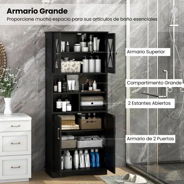 Armário de banho ou cozinha 60 x 30 x 145 cm  com portas e 3 cubos  para despensa com prateleiras ajustáveis Preto