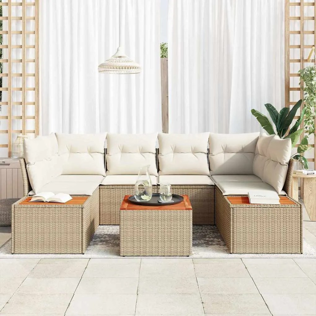 Conjunto de Sofá de Jardim 7 Peças com Almofadas Bege de Polirattan e
