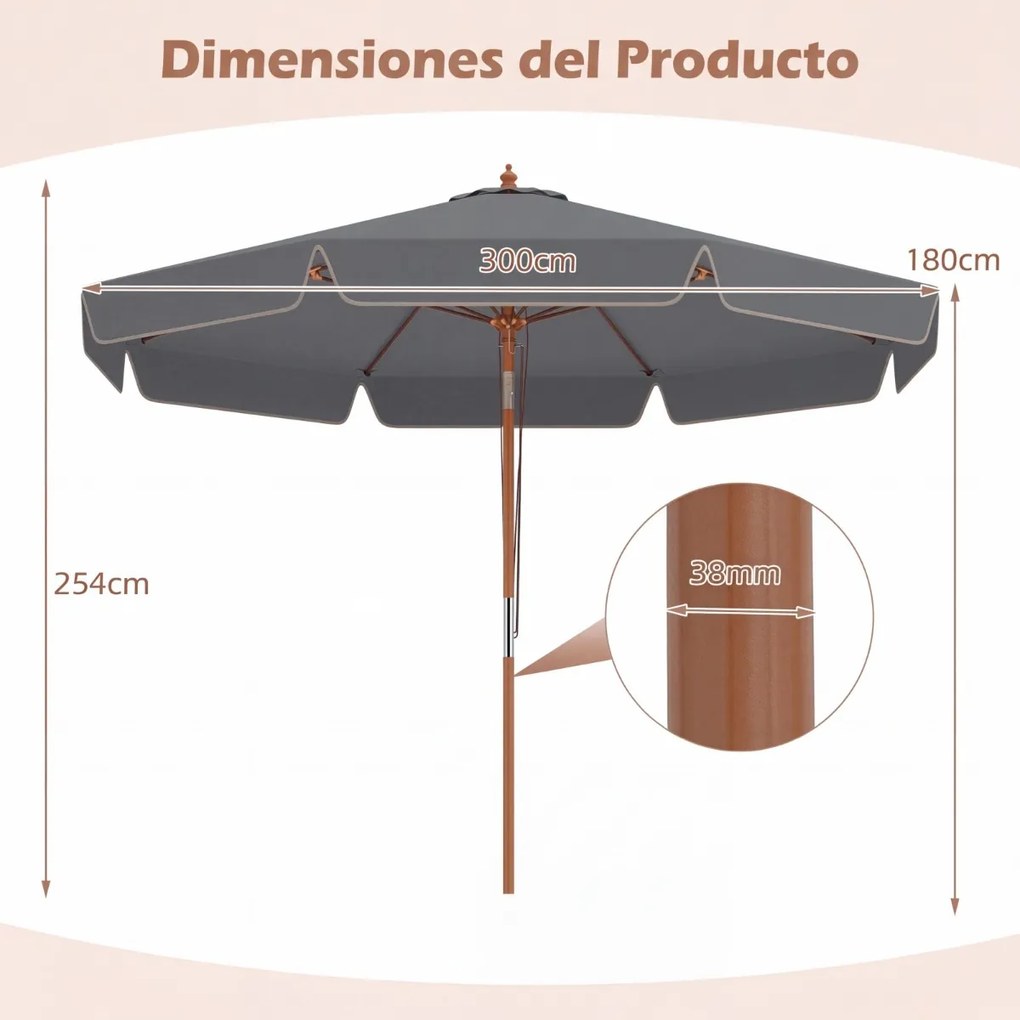 Guarda-sol para pátio de 300 cm com botão de inclinação (BASE NÃO INCLUIDA), cabo de madeira, cobertura ventilada e 8 varas – para jardim, praia, pisc