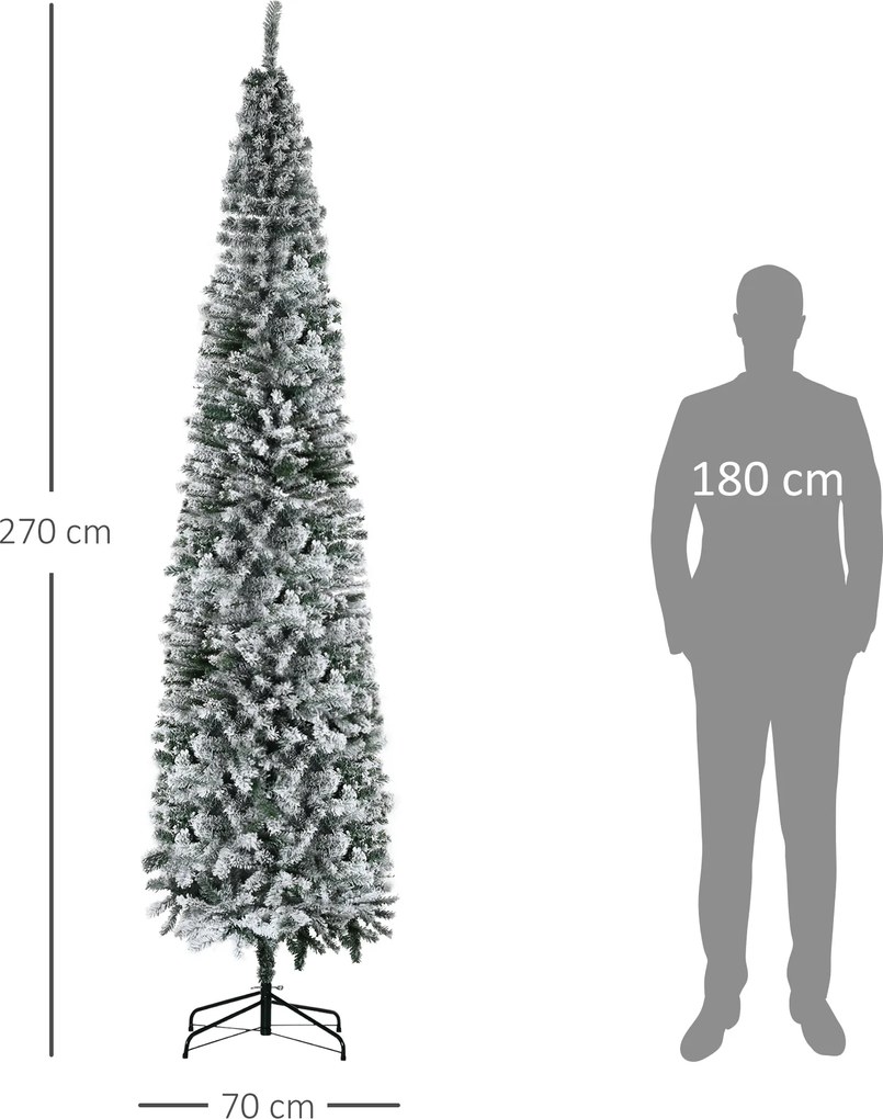 Árvore de Natal Estreita 270 cm com Efeito Neve, 1014 Ramos e Suporte Metálico, Verde e Branco