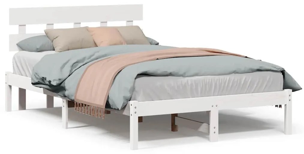 Estrado de Cama com Cabeceira Branca 135x190 cm Madeira Maciça de Pinh