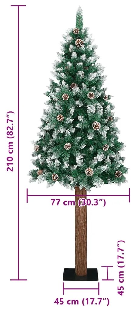 Árvore de Natal fina madeira genuína e neve branca 210 cm verde
