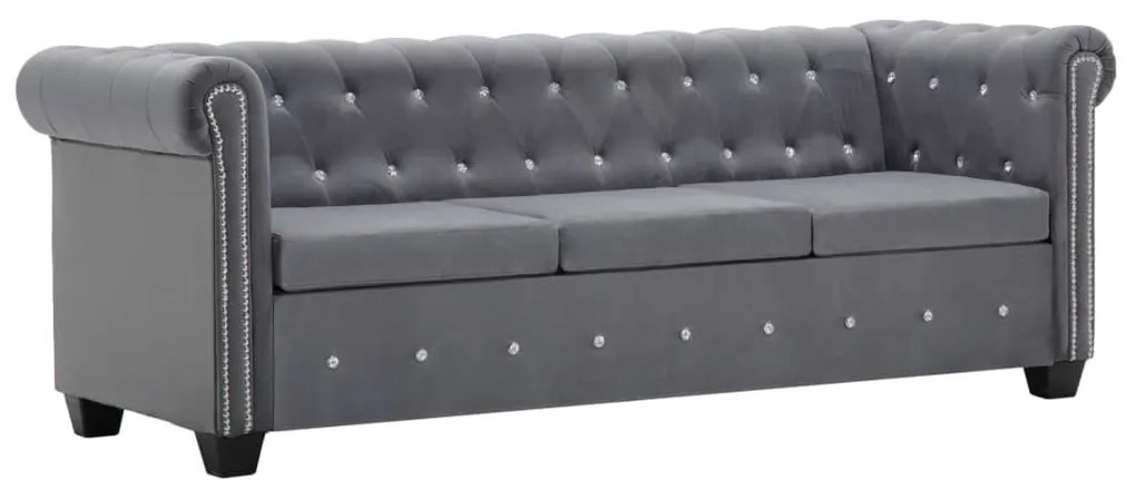 vidaXL Sofá chesterfield três lugares veludo 199x75x72cm cinzento