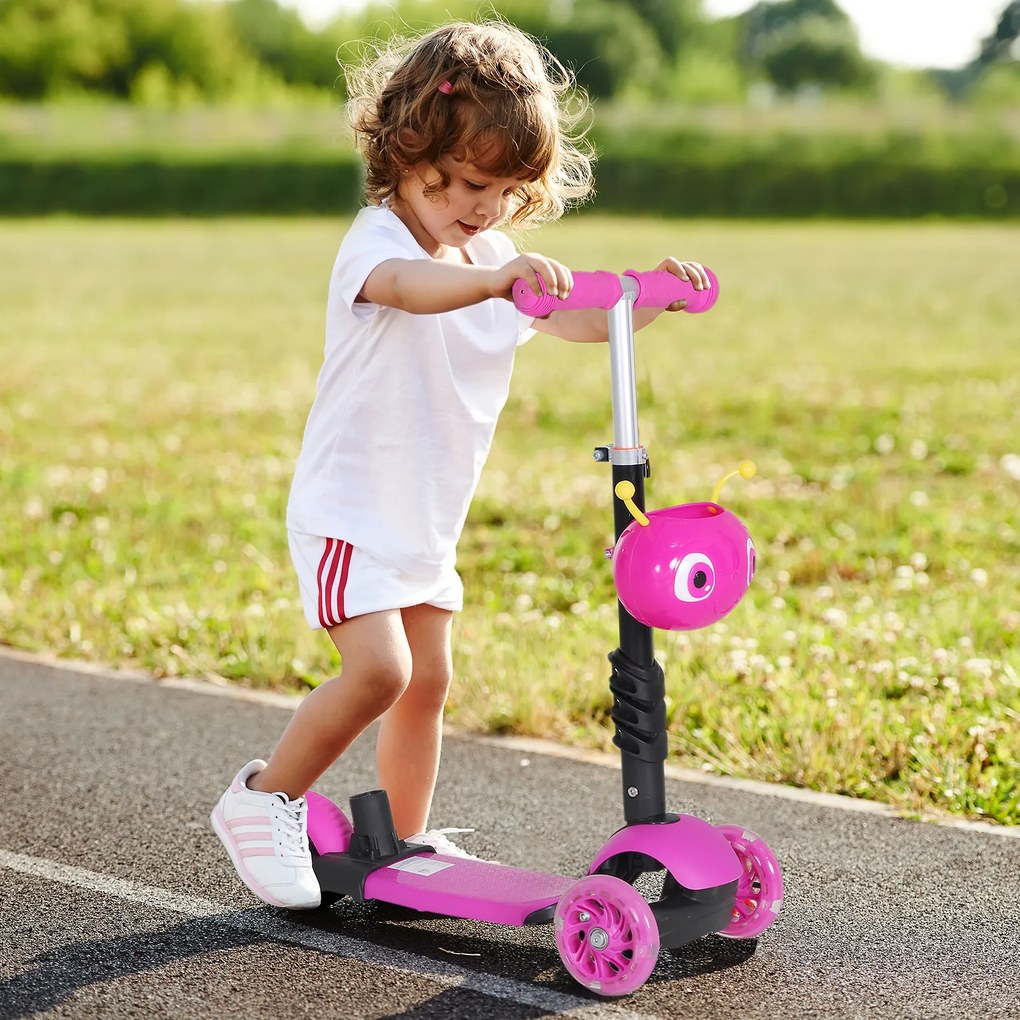 Trotinete 5 em 1 para Crianças com 3 Rodas Assento Removível e Guiador Ajustável Carga Máxima 50 kg 62x25x72,5 cm Rosa