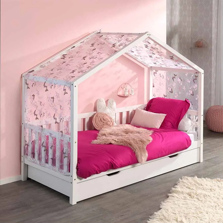 Conjunto Cama infantil de Casa DALLAS Com Ripas 90x200 com gaveta e cortinados Branca